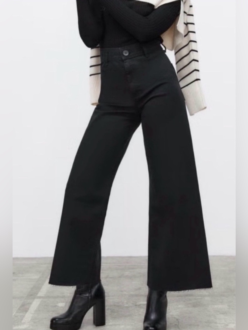 Zara Marine Flat Front High-Waisted Black Wide-Leg Jeans Sz 6